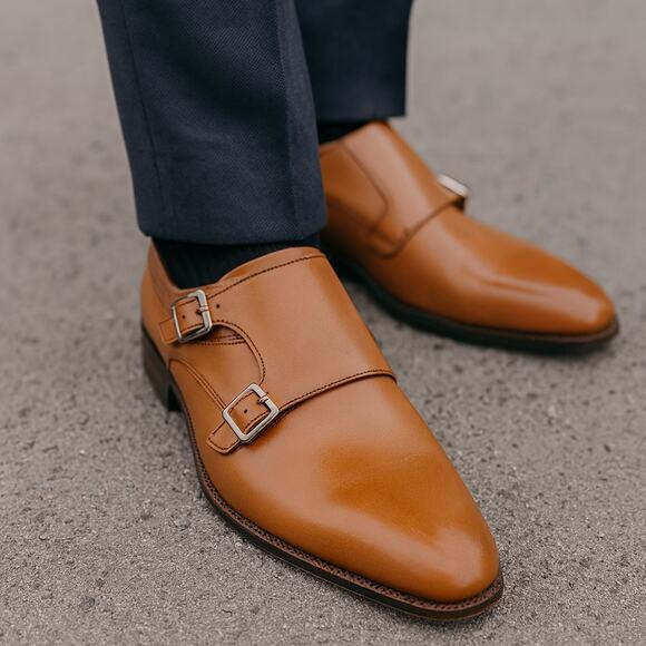 Johnston & Murphy SZ 10M Archer Double Buckle Monk Shoe Cognac Leather NEW - Picture 1 of 9